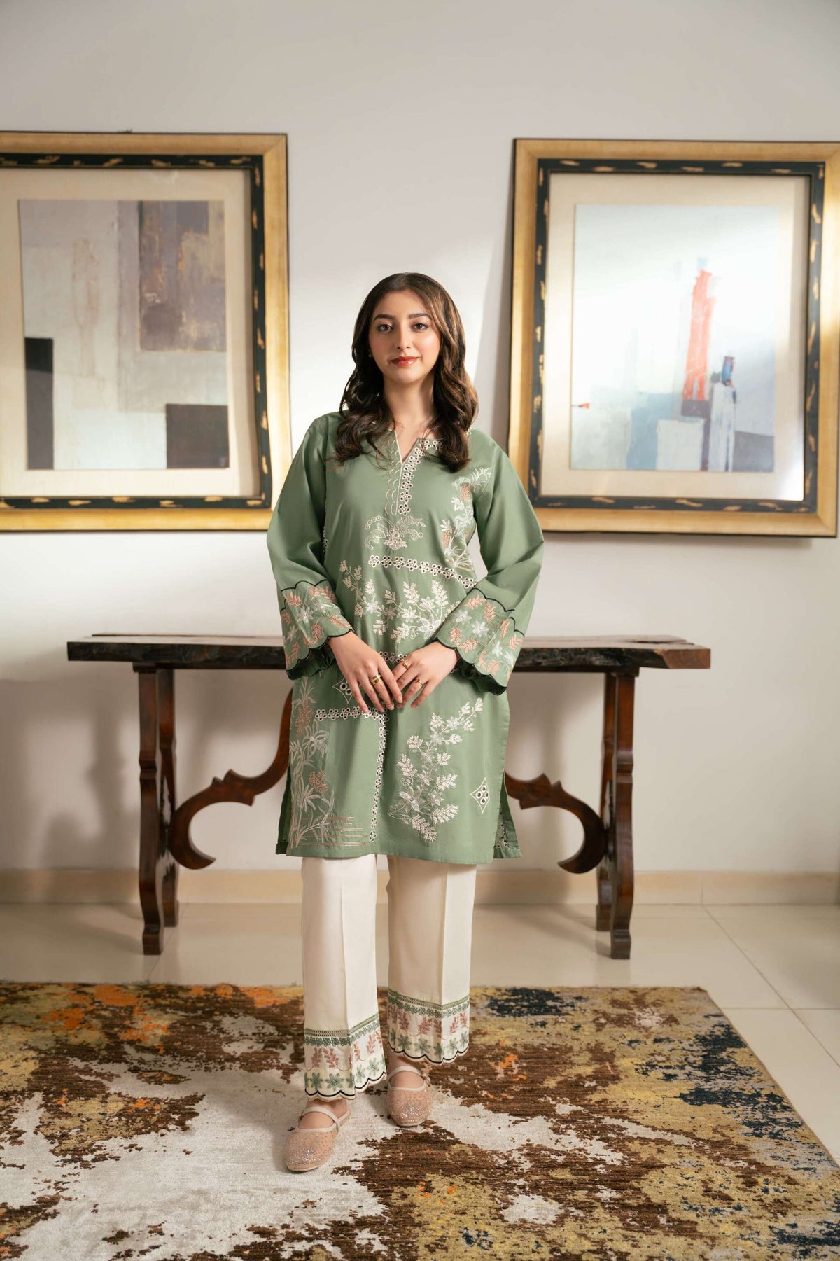 Zaib – Sage Green & Ivory Embroidered Cotton Two-Piece