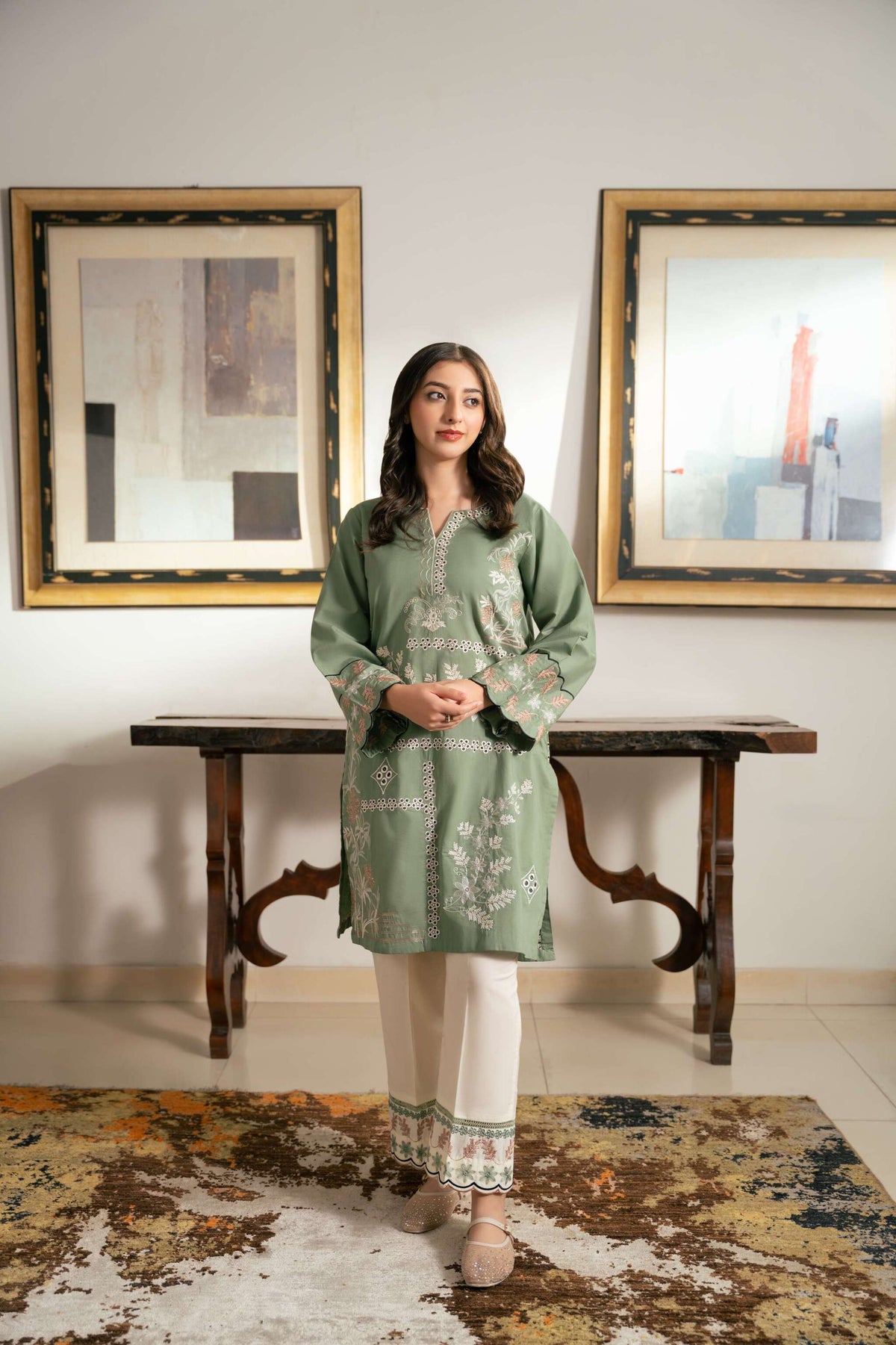 Zaib – Sage Green & Ivory Embroidered Cotton Two-Piece