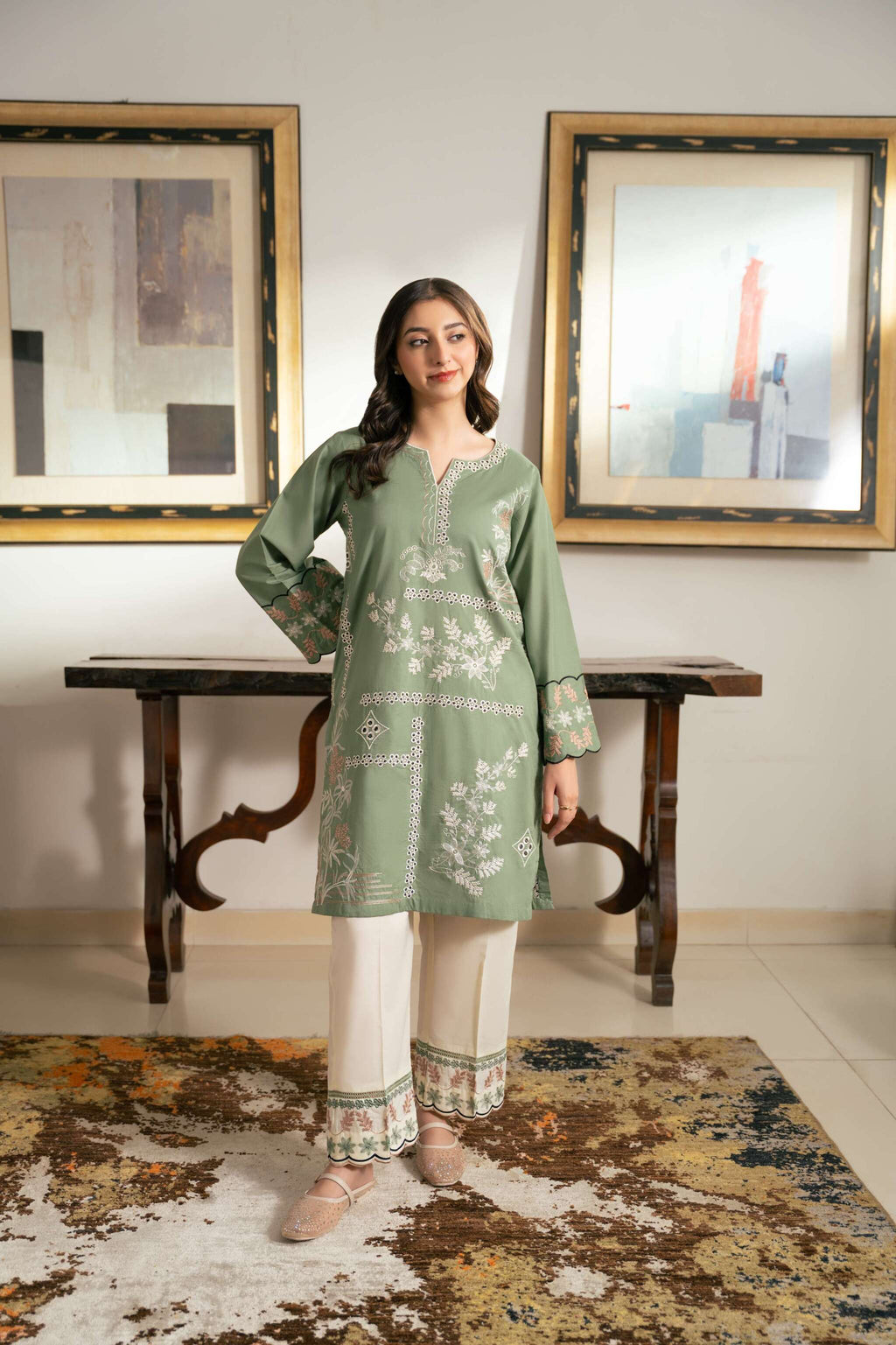 Zaib – Sage Green & Ivory Embroidered Cotton Two-Piece
