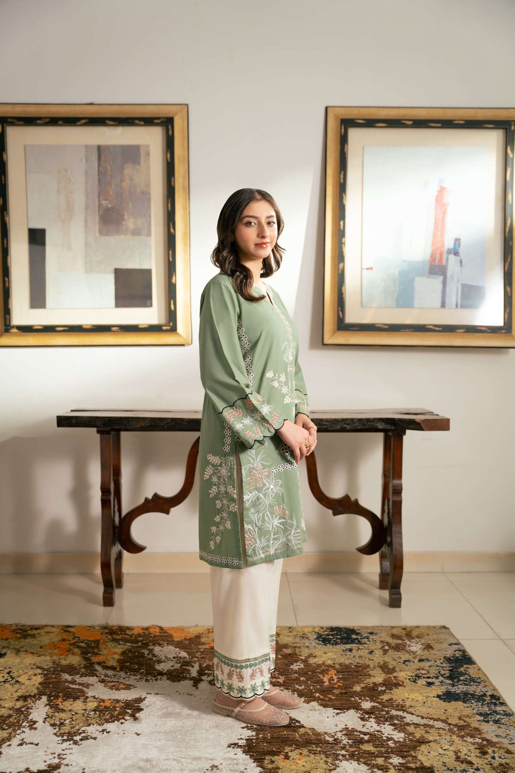 Zaib – Sage Green & Ivory Embroidered Cotton Two-Piece