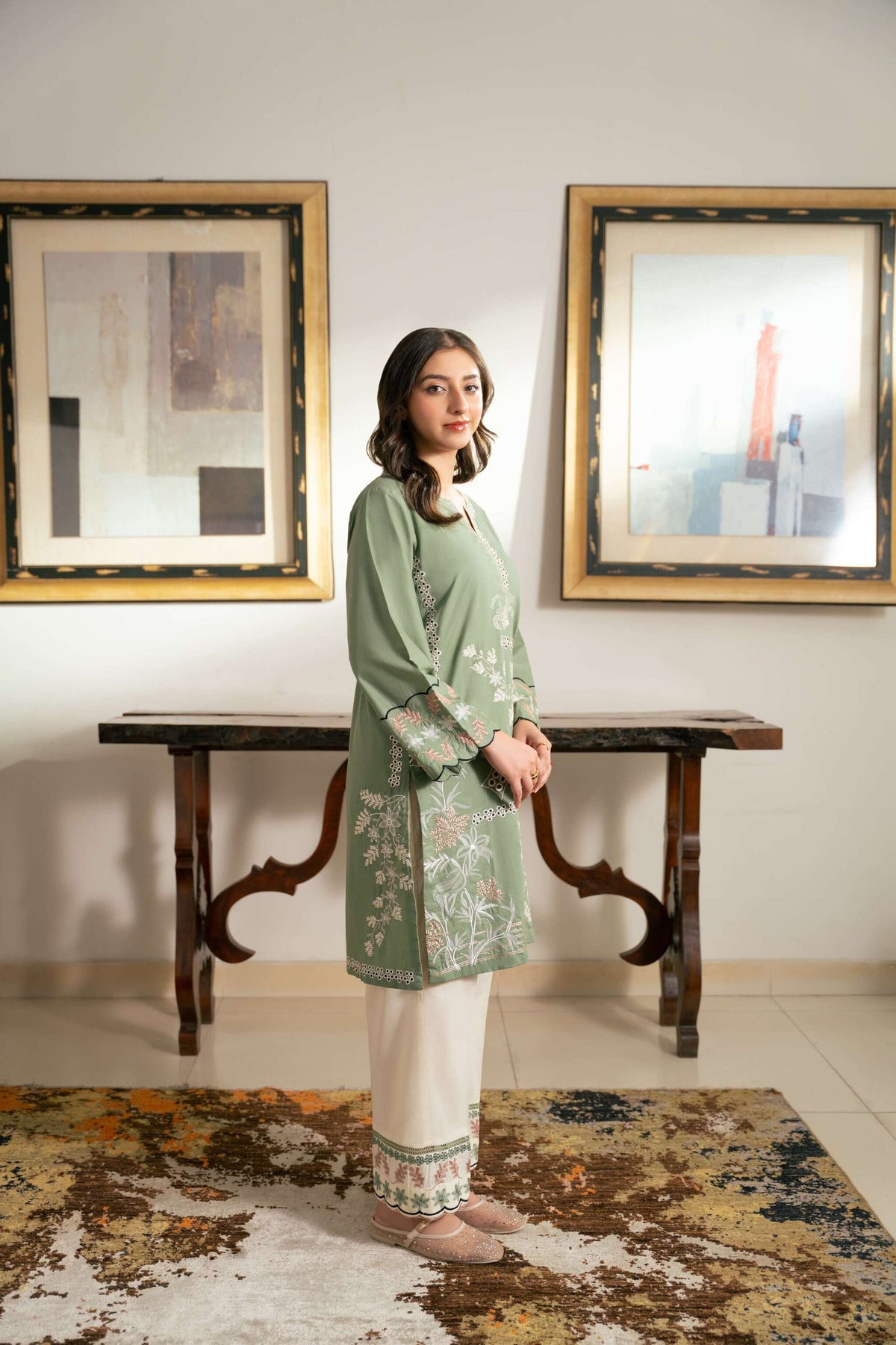 Zaib – Sage Green & Ivory Embroidered Cotton Two-Piece
