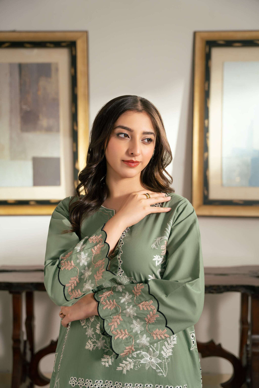 Zaib – Sage Green & Ivory Embroidered Cotton Two-Piece