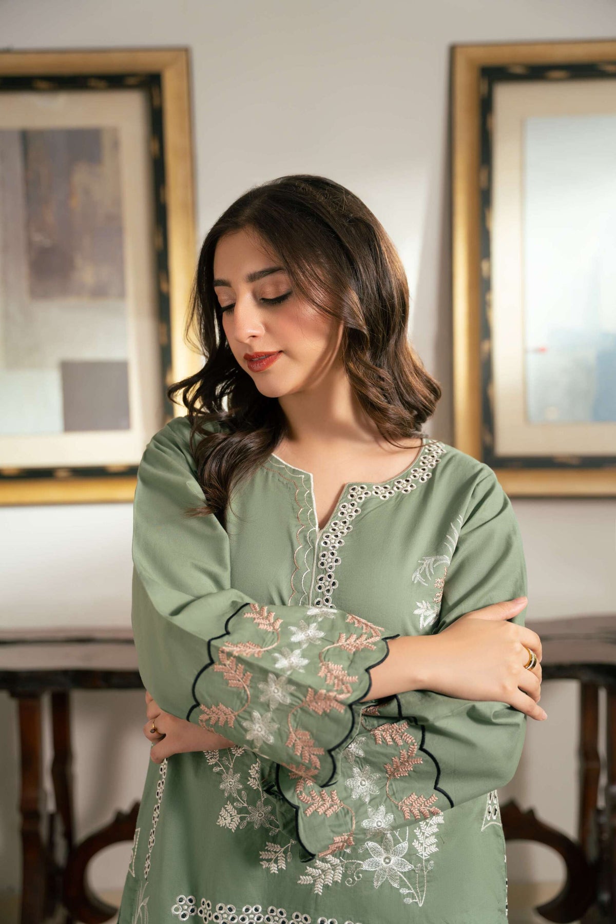 Zaib – Sage Green & Ivory Embroidered Cotton Two-Piece