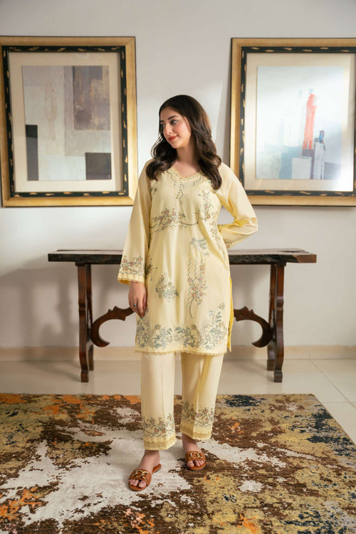 Amber – Pale Yellow Embroidered Cotton Two-Piece