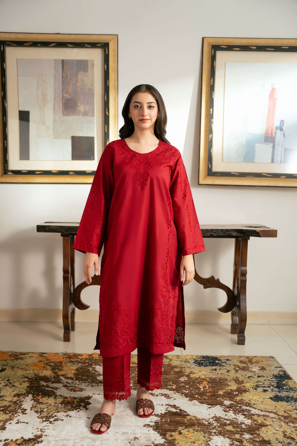 Anaar – Deep Red Embroidered Cotton Two-Piece