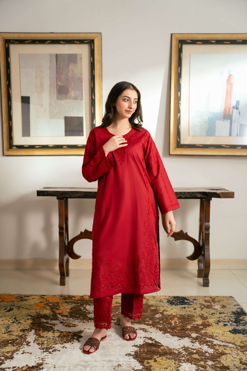 Anaar – Deep Red Embroidered Cotton Two-Piece