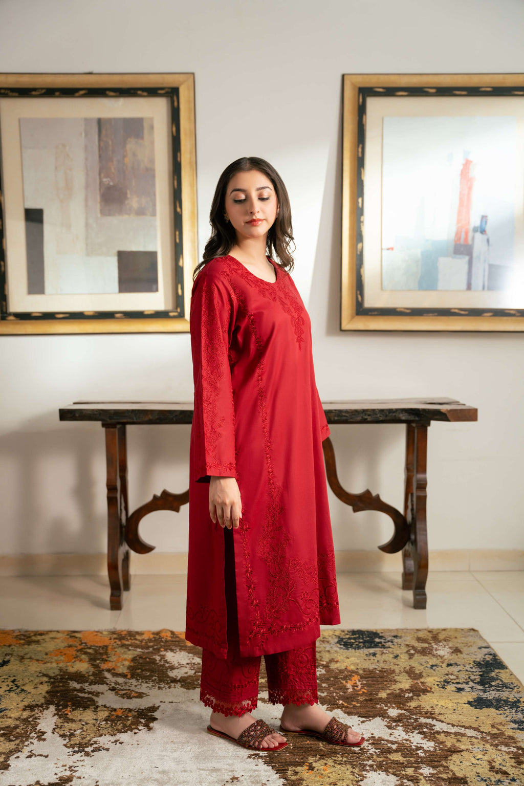 Anaar – Deep Red Embroidered Cotton Two-Piece