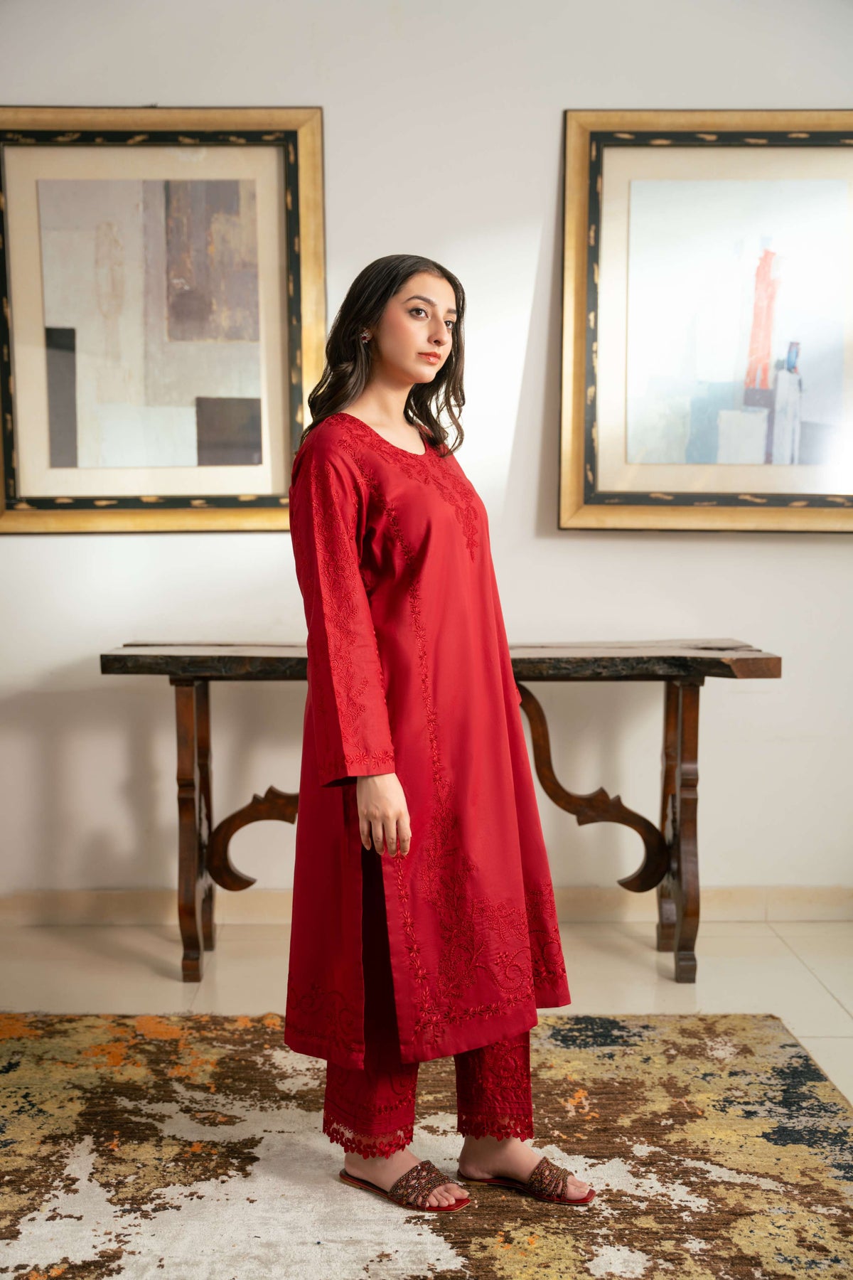 Anaar – Deep Red Embroidered Cotton Two-Piece