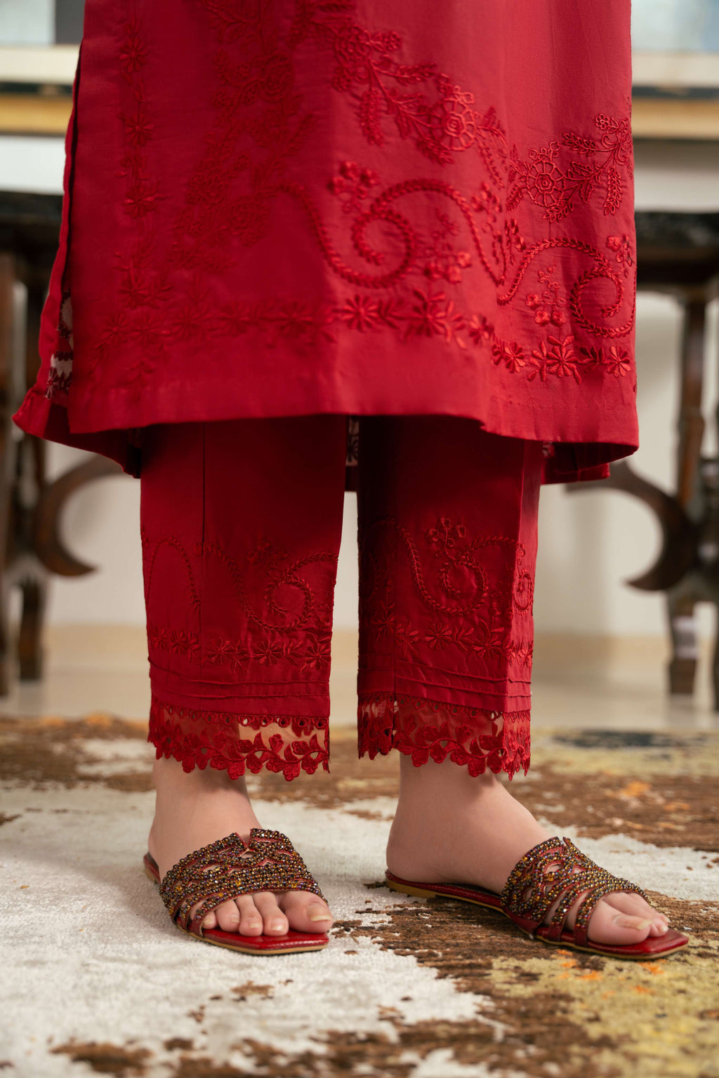 Anaar – Deep Red Embroidered Cotton Two-Piece