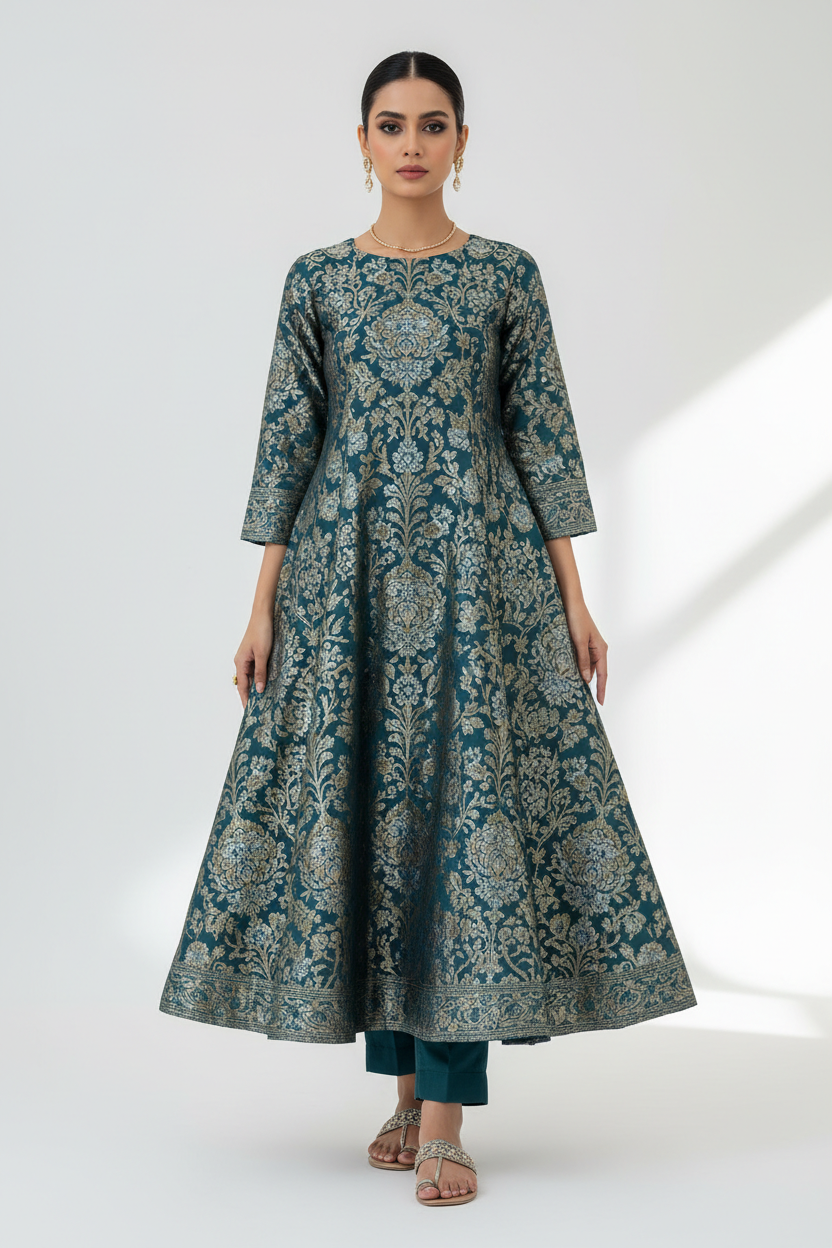 Teal Reverie Jacquard A-Line Kurta
