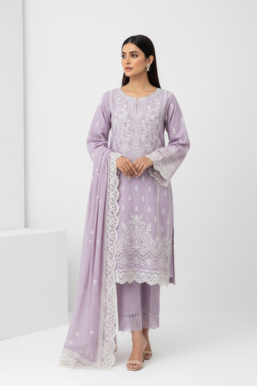 Lilac Whisper Embroidered Cambric Three-Piece