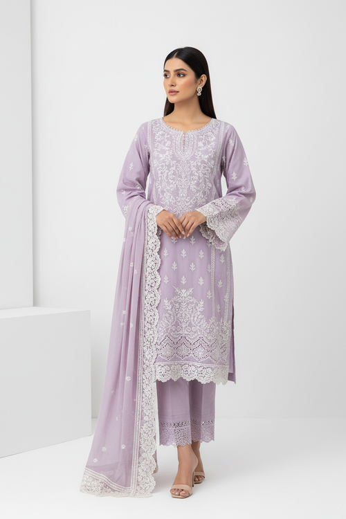 Lilac Whisper Embroidered Cambric Three-Piece